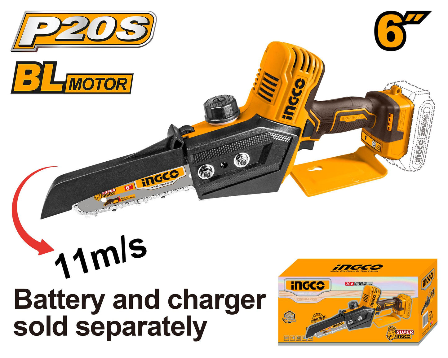 Ingco 20V Brushless Mini Pruning Chain Saw 6" CGSLI2068 Bare Unit