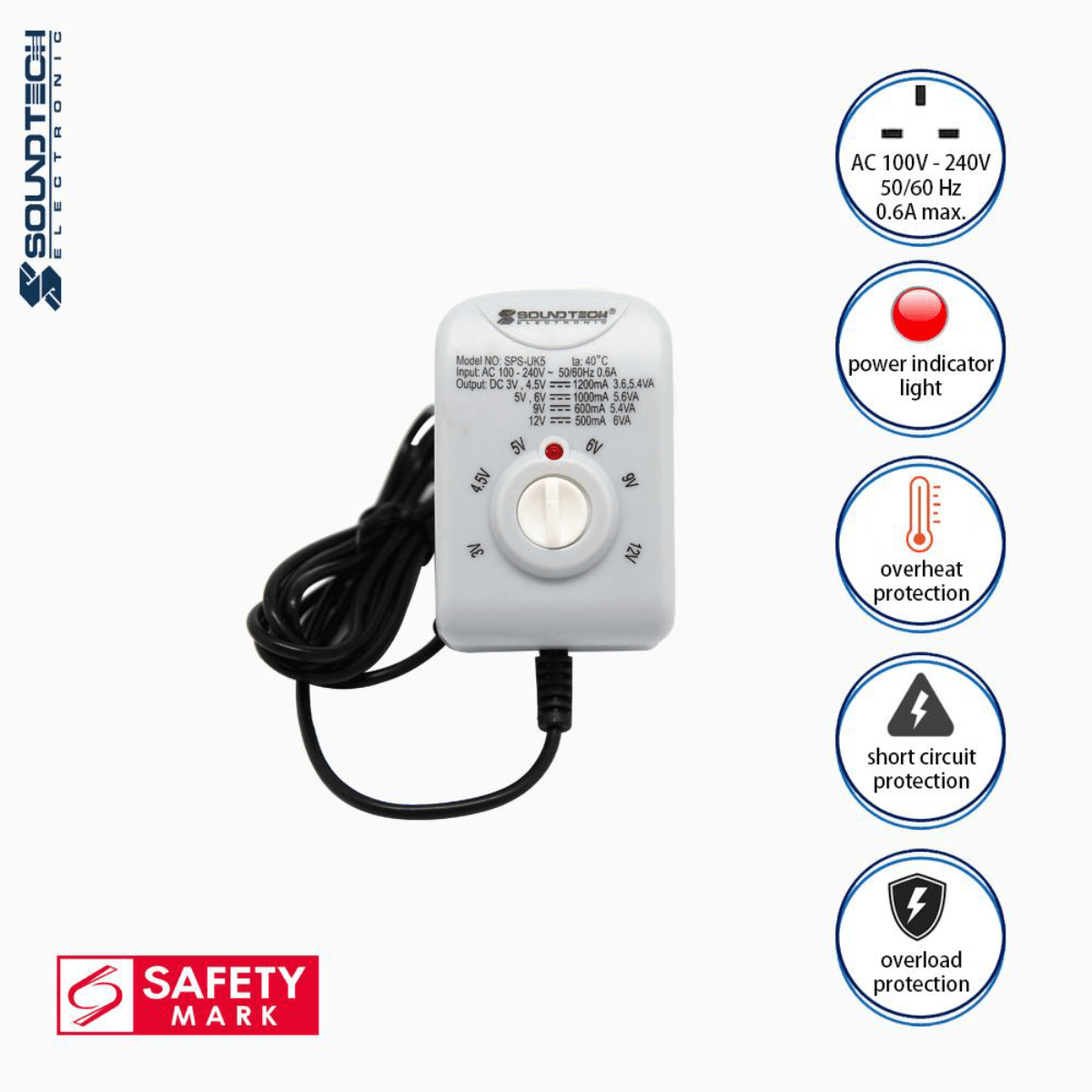 Soundteoh Universal Stabilized AC/DC Adaptor SPS-UK5