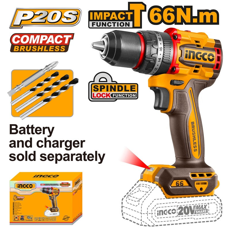 Ingco 20V BL Impact Drill 66NM CIDLI206681 Bare Unit