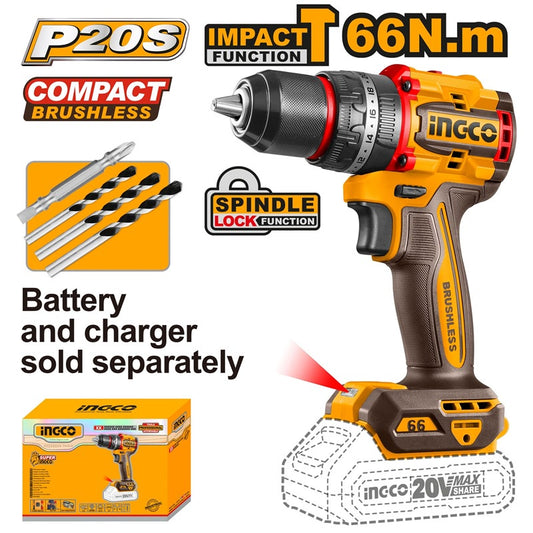 Ingco 20V BL Impact Drill 66NM CIDLI206681 Bare Unit