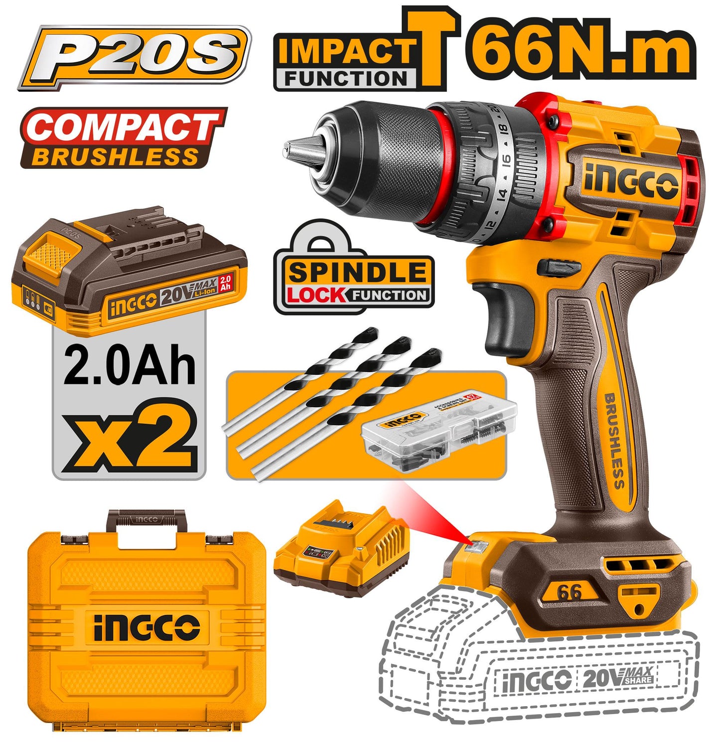 Ingco 20V 2X 2.0AH Brushless Impact Hammer Drill CIDLI20668