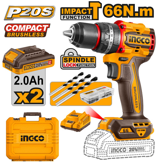Ingco 20V 2X 2.0AH Brushless Impact Hammer Drill CIDLI20668