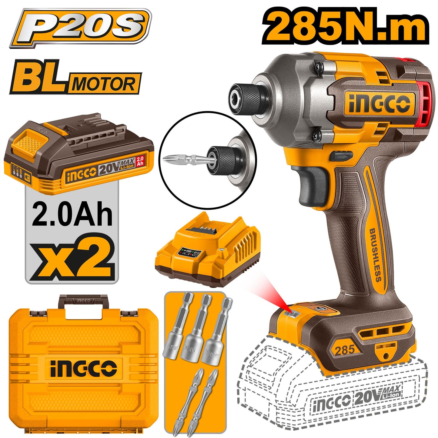 Ingco 20V Brushless Impact Driver 285NM w 2 X 20V 2.0AH & Charger CIRLI2028