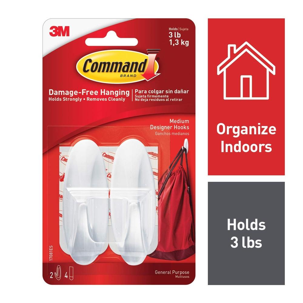 3M Command White Designer Medium Hooks 2 Hooks 4 Strips (17081)