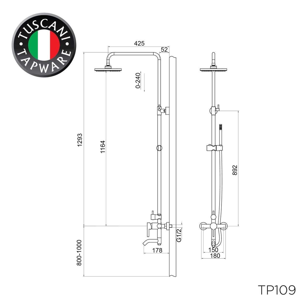 Tuscani Tapware TP109 - PULIZIA Series Rain Shower Column Mixer - Mixer