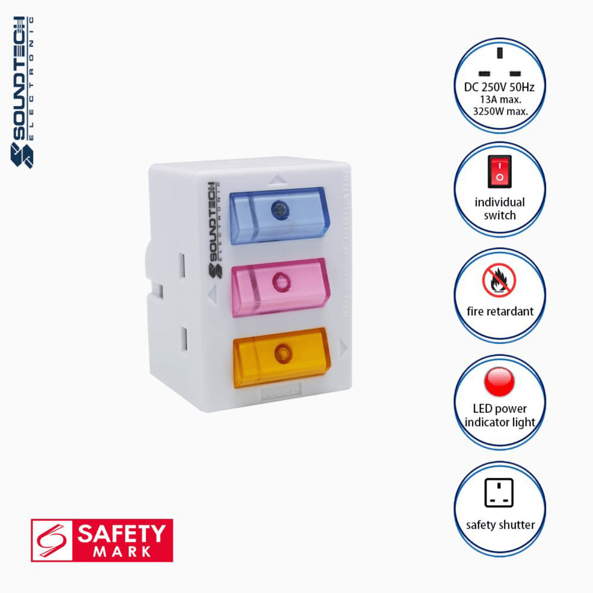 Soundteoh 3W Multiway Adaptor W/ Individual On Off Switches DF-38