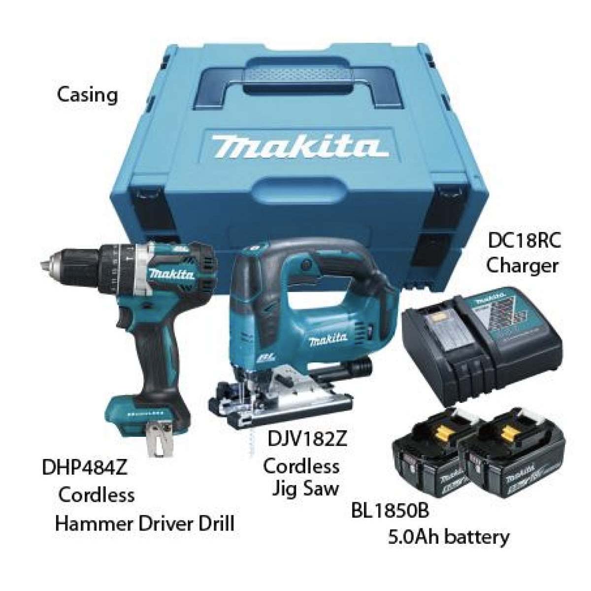 MAKITA Combo Kit DHP484 DJV182 18V 2X5.0AH LI ION DLX2202TJ1