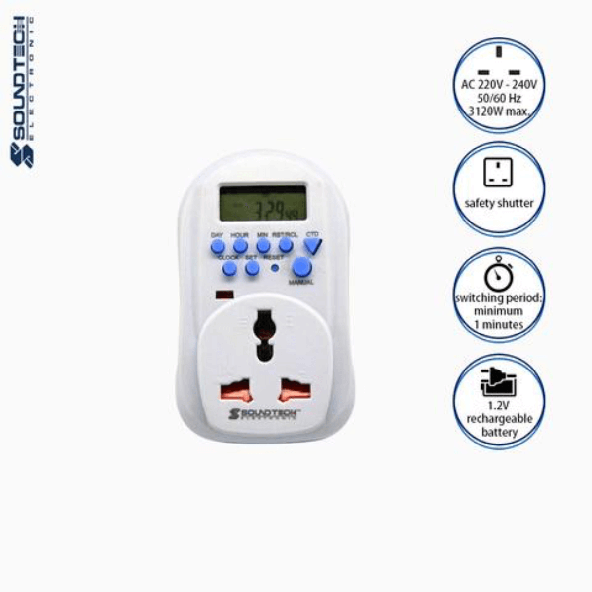 Soundteoh 13A Digital Timer W/Multiway Plug MDT-269