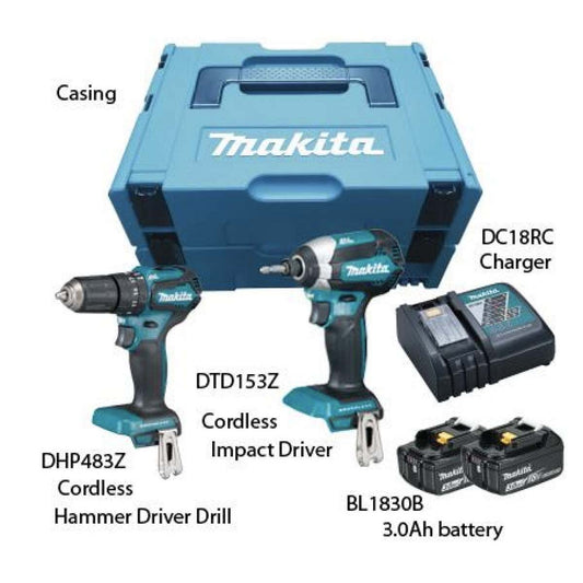 MAKITA Hammer & Drill Driver Combo Kit (DHP483+DTD153) 2 x 18V 3.0AH LI-ION (DLX2198J)