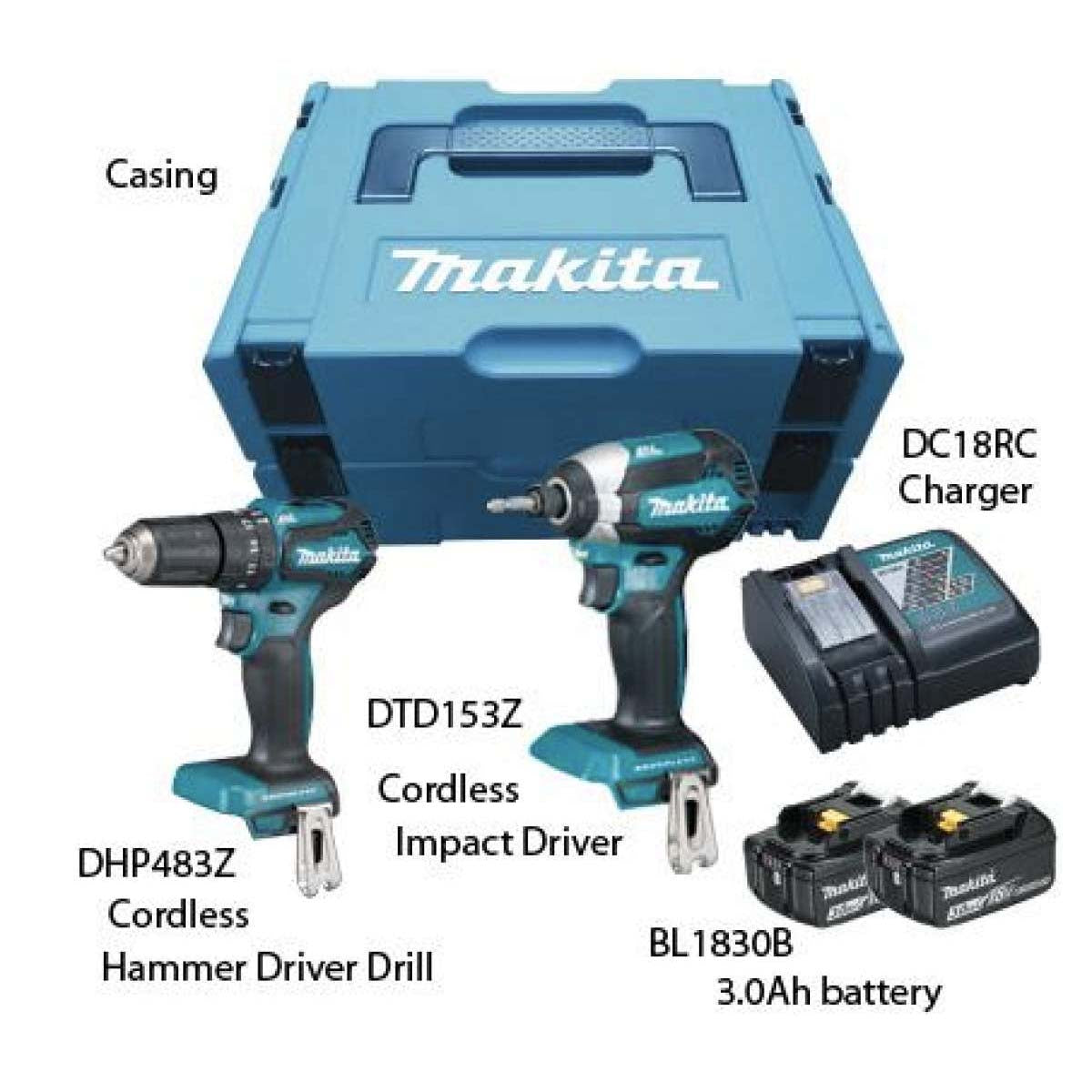 MAKITA Hammer & Drill Driver Combo Kit (DHP483+DTD153) 2 x 18V 3.0AH LI-ION (DLX2198J)