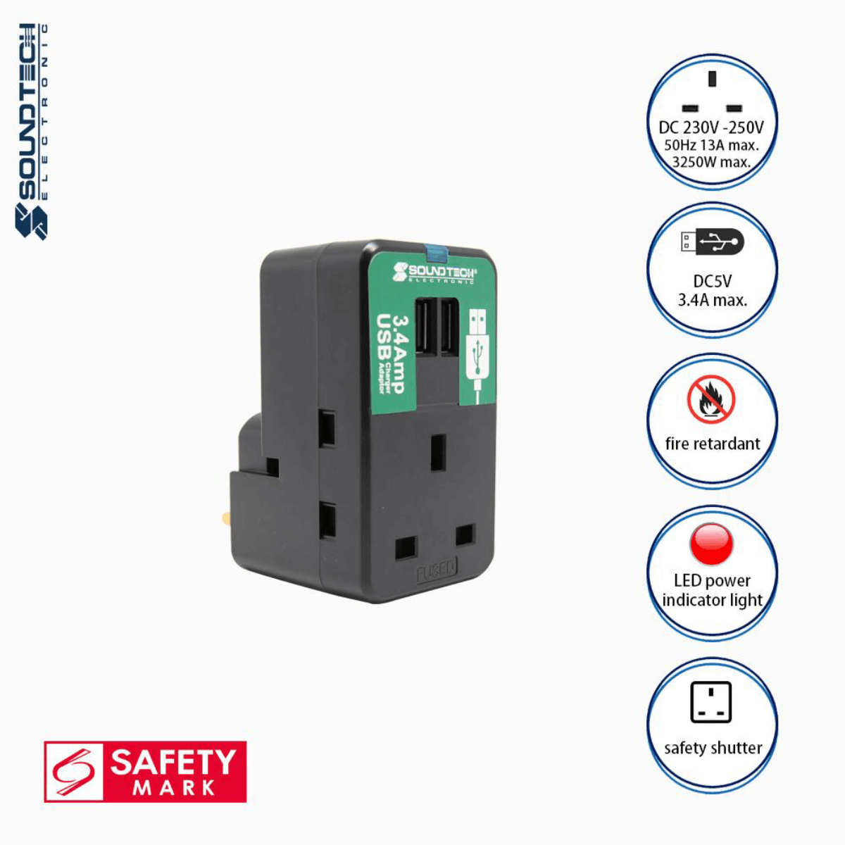 Soundteoh 3 Outlet Adaptor W/Dual 3.4A USB PP-34U