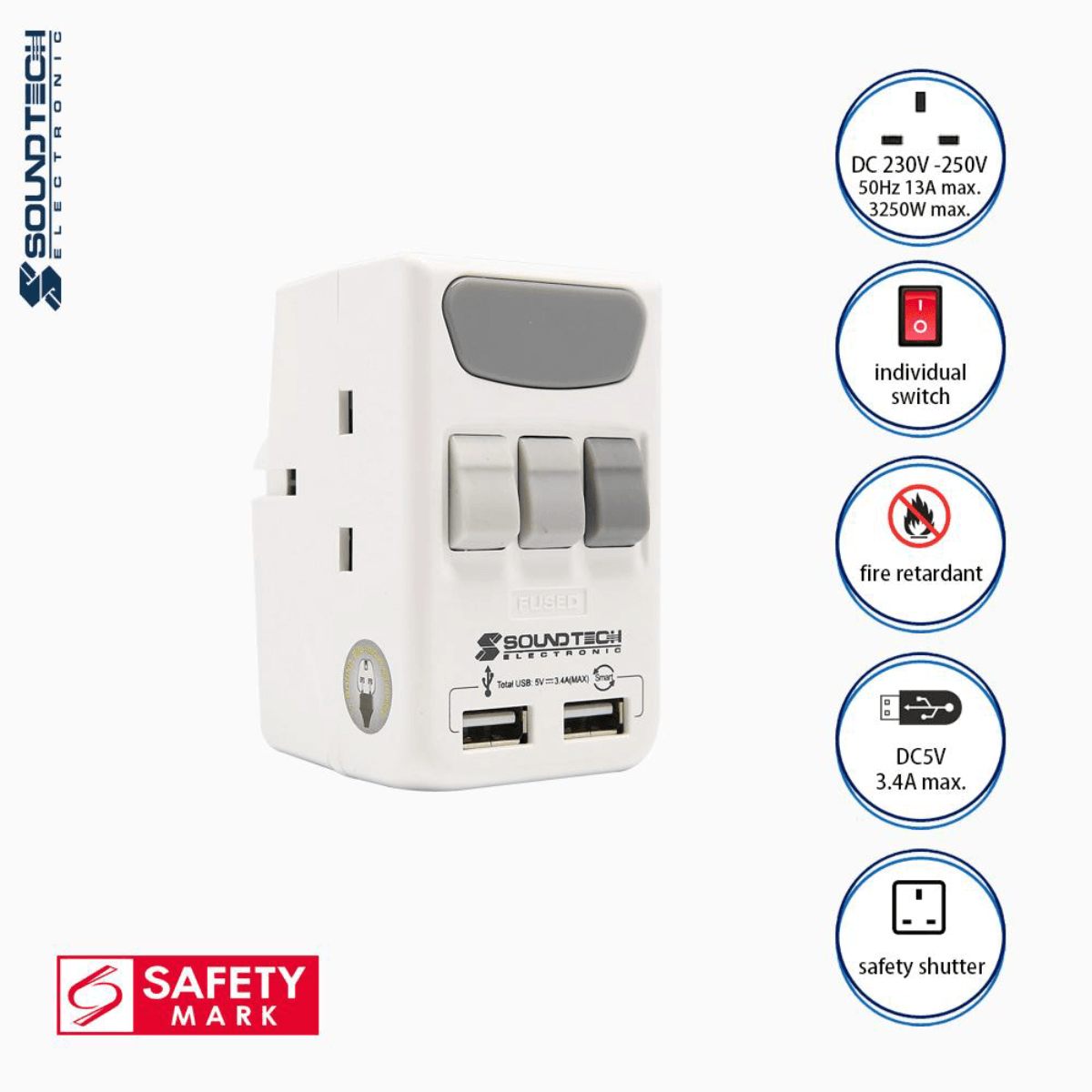 Soundteoh 3W Multiway Adaptor W/ 2 Smart 3.4A USB and Switch PP-38U