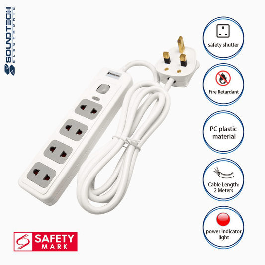 Soundteoh 4 Way 2-Pin Power Socket 2 Meters PS-42 (2pcs in 1PKT)