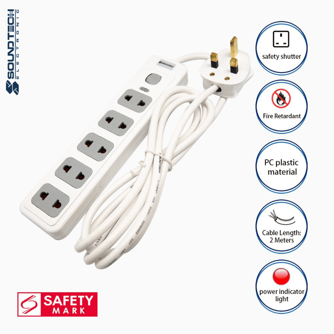 Soundteoh 5 Way 2-Pin Power Socket 2 Meters PS-52 (2pcs in 1PKT ...
