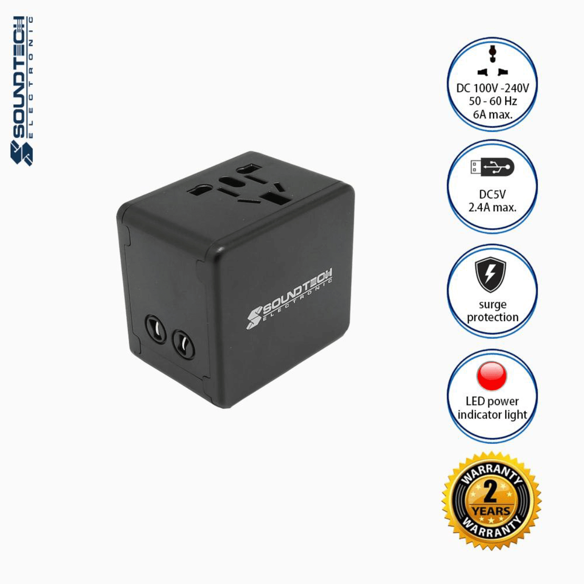 Soundteoh Travel Adaptor 2 USB Power Ports - 2 X 2.4A Smart USB TA-125